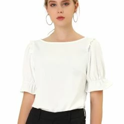 Allegra K Women's Round Neck Short Puff Sleeves Ruffle Top Blouses 10 Allegra K Women's Round Neck Short Puff Sleeves Ruffle Top Blouses