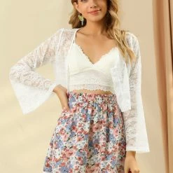 Allegra K Women's Lace See Through Top V Neck Bell Sleeve Elegant Crop Blouse