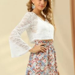 Allegra K Women's Lace See Through Top V Neck Bell Sleeve Elegant Crop Blouse