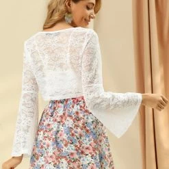 Allegra K Women's Lace See Through Top V Neck Bell Sleeve Elegant Crop Blouse