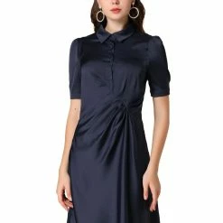 Allegra K Women's Half Placket Office Ruched Short Sleeves Satin Dress