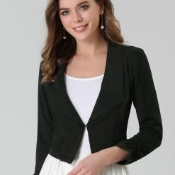 Allegra K Women's Notched Lapel Ruched Sleeve Jackets Business Crop Blazer