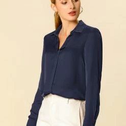 Allegra K V Neck Long Sleeve Work Shirt