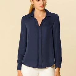 Allegra K V Neck Long Sleeve Work Shirt