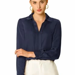 Allegra K V Neck Long Sleeve Work Shirt