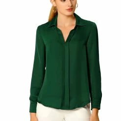 Allegra K V Neck Long Sleeve Work Shirt