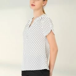 Allegra K Women's Dots Printed V Neck Short Sleeve Work Office Blouse Top