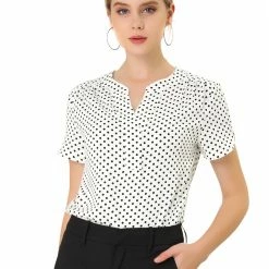 Allegra K Women's Dots Printed V Neck Short Sleeve Work Office Blouse Top