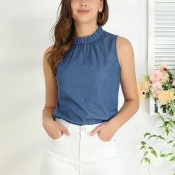 Allegra K Women's Frill Trim Mock Neck Ruffled Sleeveless Casual Summer Top Blouse