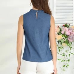 Allegra K Women's Frill Trim Mock Neck Ruffled Sleeveless Casual Summer Top Blouse