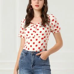 Allegra K Women's Polka Dots Sweetheart Neck Bow Tie Sweet Top 12 Allegra K Women's Polka Dots Sweetheart Neck Bow Tie Sweet Top