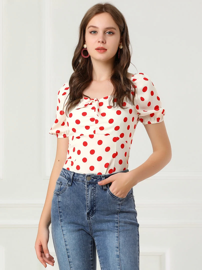 Allegra K Women's Polka Dots Sweetheart Neck Bow Tie Sweet Top 6 Allegra K Women's Polka Dots Sweetheart Neck Bow Tie Sweet Top