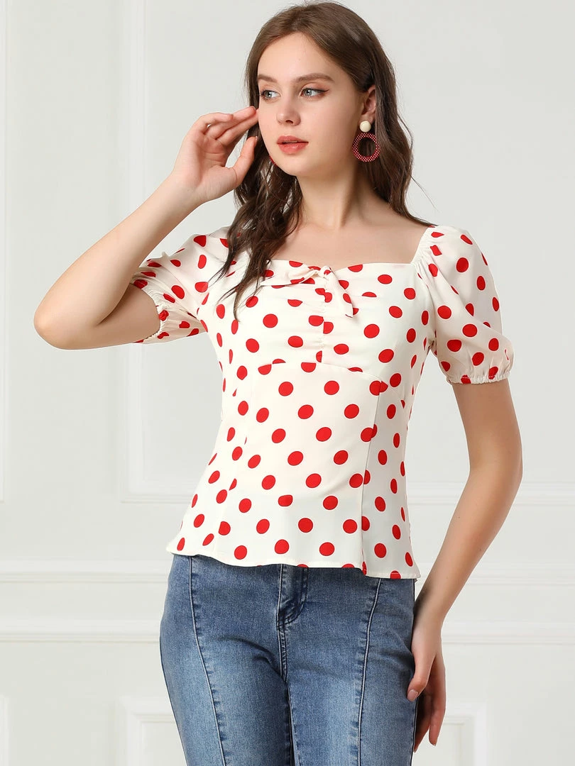 Allegra K Women's Polka Dots Sweetheart Neck Bow Tie Sweet Top 7 Allegra K Women's Polka Dots Sweetheart Neck Bow Tie Sweet Top