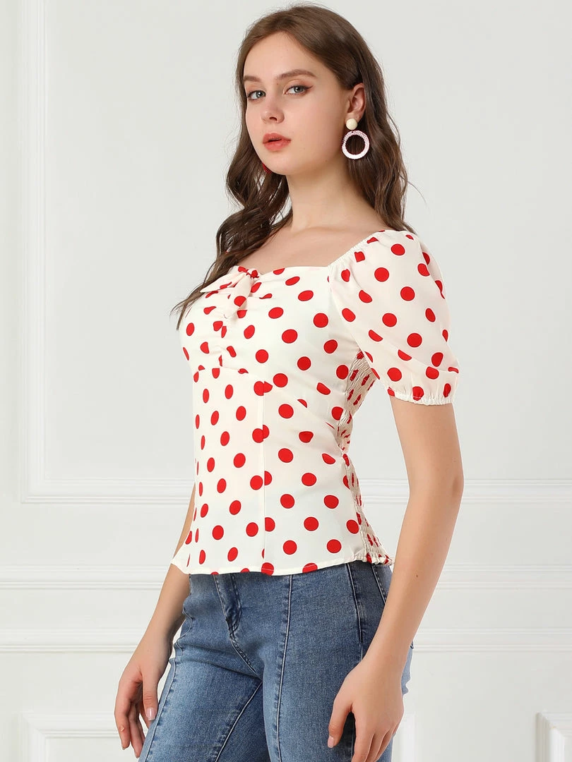 Allegra K Women's Polka Dots Sweetheart Neck Bow Tie Sweet Top 8 Allegra K Women's Polka Dots Sweetheart Neck Bow Tie Sweet Top