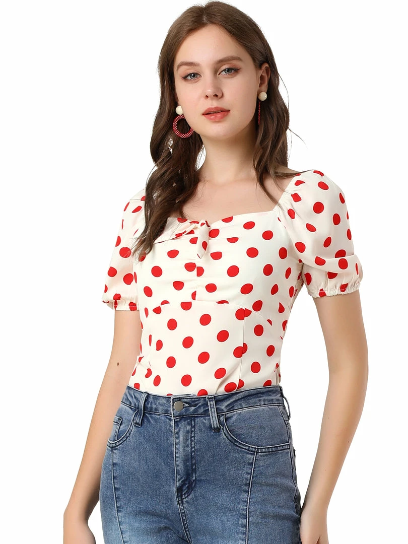 Allegra K Women's Polka Dots Sweetheart Neck Bow Tie Sweet Top 4 Allegra K Women's Polka Dots Sweetheart Neck Bow Tie Sweet Top