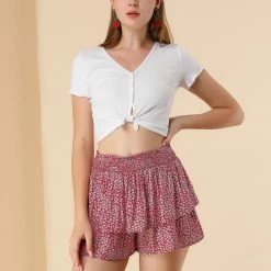 Allegra K Women's Floral Ruffle Smocked Waist Layered Skirt Shorts 12 Allegra K Women's Floral Ruffle Smocked Waist Layered Skirt Shorts