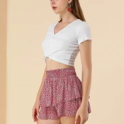 Allegra K Women's Floral Ruffle Smocked Waist Layered Skirt Shorts 13 Allegra K Women's Floral Ruffle Smocked Waist Layered Skirt Shorts