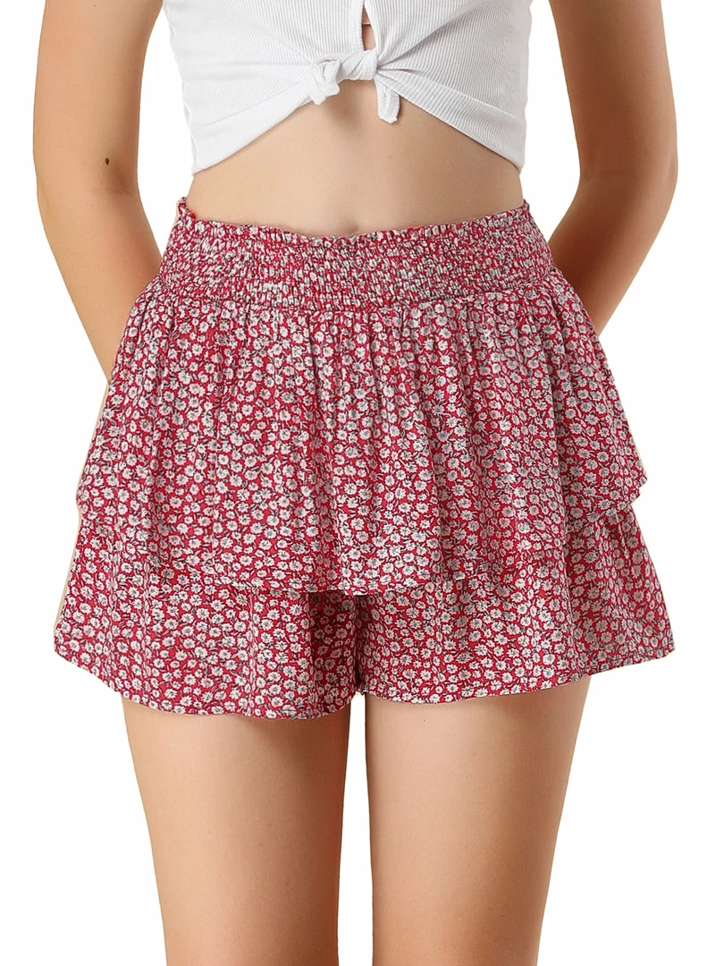 Allegra K Women's Floral Ruffle Smocked Waist Layered Skirt Shorts 4 Allegra K Women's Floral Ruffle Smocked Waist Layered Skirt Shorts