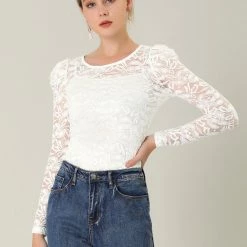 Allegra K Women's Lace Embroidery Semi Sheer Vintage Puff Sleeve Top