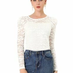 Allegra K Women's Lace Embroidery Semi Sheer Vintage Puff Sleeve Top