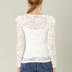 Allegra K Women's Lace Embroidery Semi Sheer Vintage Puff Sleeve Top