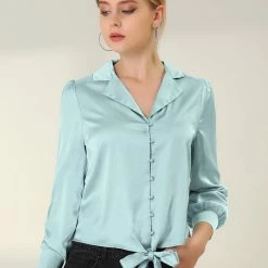 Allegra K Women's Elegant Button Down Shirts Puff Sleeve Tie Front Satin Blouse Top 11 Allegra K Women's Elegant Button Down Shirts Puff Sleeve Tie Front Satin Blouse Top