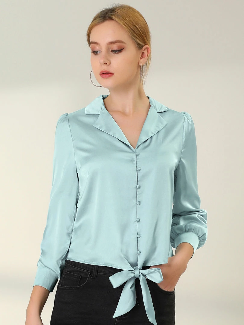 Allegra K Women's Elegant Button Down Shirts Puff Sleeve Tie Front Satin Blouse Top 5 Allegra K Women's Elegant Button Down Shirts Puff Sleeve Tie Front Satin Blouse Top