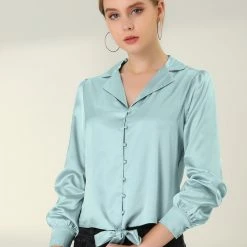 Allegra K Women's Elegant Button Down Shirts Puff Sleeve Tie Front Satin Blouse Top 12 Allegra K Women's Elegant Button Down Shirts Puff Sleeve Tie Front Satin Blouse Top
