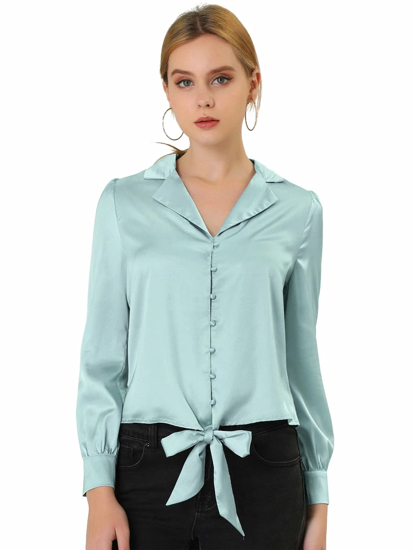 Allegra K Women's Elegant Button Down Shirts Puff Sleeve Tie Front Satin Blouse Top 4 Allegra K Women's Elegant Button Down Shirts Puff Sleeve Tie Front Satin Blouse Top