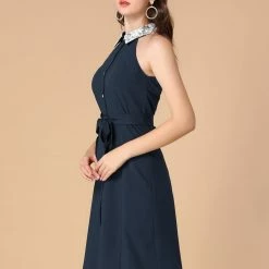 Allegra K Women's Vintage Button Front Sleeveless Contrast Lace Panel Point Collar Dress 12 Allegra K Women's Vintage Button Front Sleeveless Contrast Lace Panel Point Collar Dress