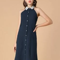 Allegra K Women's Vintage Button Front Sleeveless Contrast Lace Panel Point Collar Dress 14 Allegra K Women's Vintage Button Front Sleeveless Contrast Lace Panel Point Collar Dress