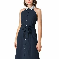 Allegra K Women's Vintage Button Front Sleeveless Contrast Lace Panel Point Collar Dress