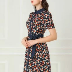 Allegra K Women's Contrast Collar Short Sleeve Belt Shirt Dress