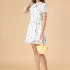 Allegra K Women's Turndown Collar Short Sleeve A-Line Floral Shirt Dress