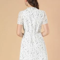 Allegra K Women's Turndown Collar Short Sleeve A-Line Floral Shirt Dress