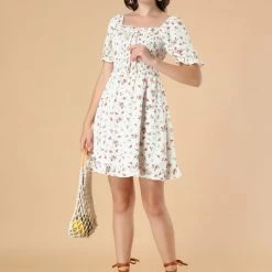 Allegra K Women's Puff Sleeve Back Smocked Sweetheart Neck Floral Ruffled Hem Dress