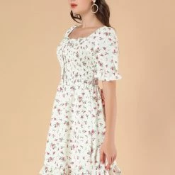 Allegra K Women's Puff Sleeve Back Smocked Sweetheart Neck Floral Ruffled Hem Dress