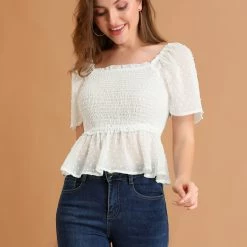 Allegra K Women's Ruffle Peplum Square Neck Flare Short Sleeve Crop Smocked Blouse