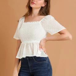 Allegra K Women's Ruffle Peplum Square Neck Flare Short Sleeve Crop Smocked Blouse