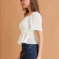 Allegra K Women's Ruffle Peplum Square Neck Flare Short Sleeve Crop Smocked Blouse