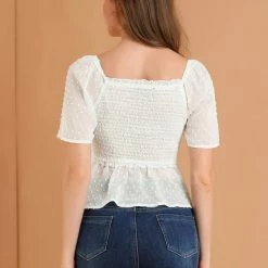 Allegra K Women's Ruffle Peplum Square Neck Flare Short Sleeve Crop Smocked Blouse