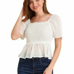 Allegra K Women's Ruffle Peplum Square Neck Flare Short Sleeve Crop Smocked Blouse