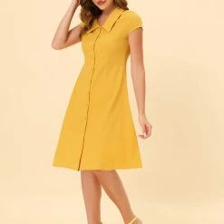 Allegra K Women's Cap Sleeve Cotton Shirtdress Work Button Down Midi Dress