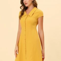Allegra K Women's Cap Sleeve Cotton Shirtdress Work Button Down Midi Dress