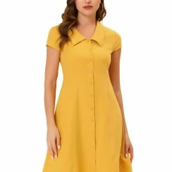 Allegra K Women's Cap Sleeve Cotton Shirtdress Work Button Down Midi Dress