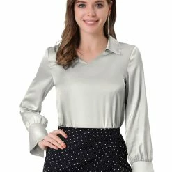 Allegra K Women's Turndown Collar V Neck Solid Long Sleeve Office Work Blouse
