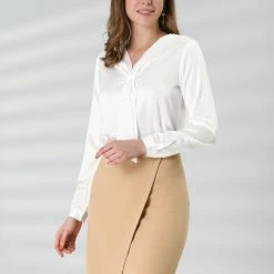 Allegra K Women's Tie Neck Blouse Long Sleeve Elegant Button Cuff Office Shirt