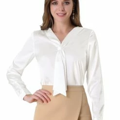 Allegra K Women's Tie Neck Blouse Long Sleeve Elegant Button Cuff Office Shirt