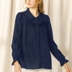 Women Allegra K Button Down Long Sleeve Elastic Cuff Ruffle Detail Blouse