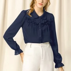 Women Allegra K Button Down Long Sleeve Elastic Cuff Ruffle Detail Blouse